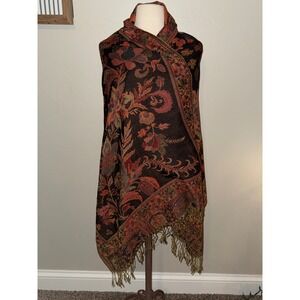 Elegant Paisley Floral Print Scarf Wrap Shawl Black Orange Red Fringe